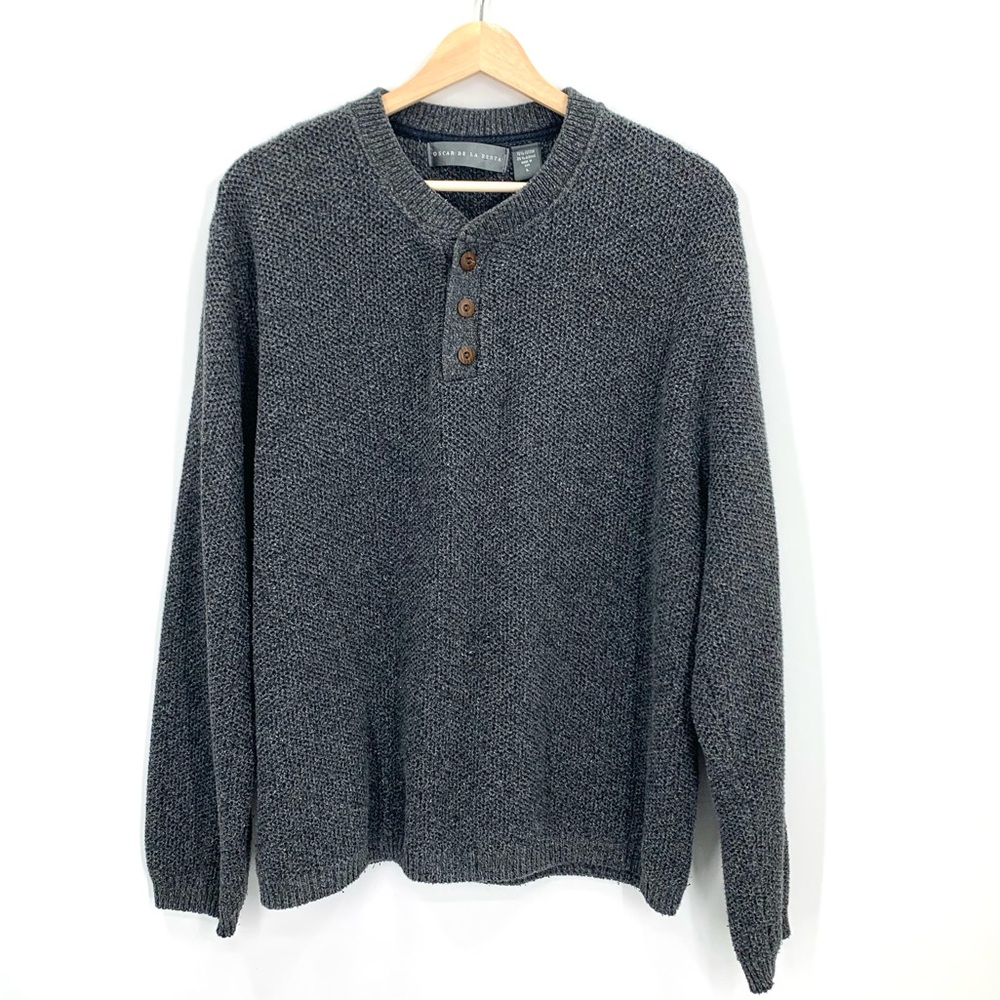 Oscar De La Renta Gray Cable Knit 1/4 Button Up Sweater Henley Size Large